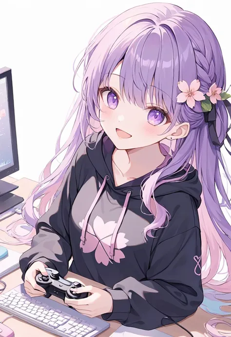 ((pastel))、 one woman,front,  smiles , open your mouth , game controller with my computer on my desk, game,Mauve Hair, long hair,Inward curls,  woven , purple eyes, Im wearing a black hoodie with a cherry blossom mark , ,  simple background, white backgrou...