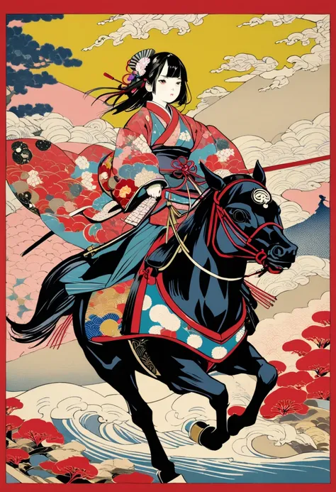 (masterpiece, best quality),pop-art,ukiyo-e style,
print depicting,one teenage cute girl rides a horse, serious expression,(suyari-kasumi),wearing light samurai armor,japanese battle field,splash color,contemporary art,