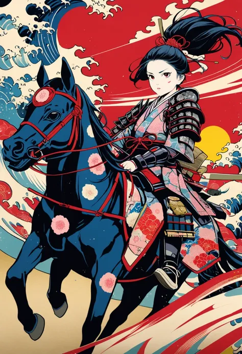 (masterpiece, best quality),pop-art,ukiyo-e style,
print depicting,one teenage cute girl rides a horse, serious expression,(suyari-kasumi),wearing light samurai armor,japanese battle field,splash color,contemporary art,