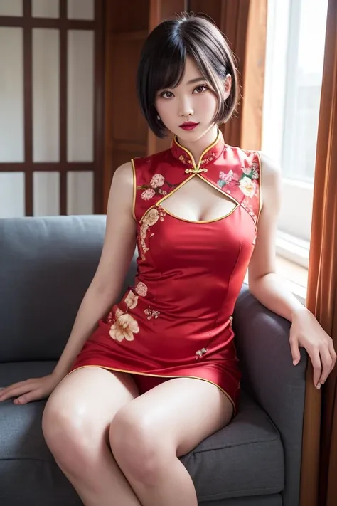 solo,1girl,dress,chinese clothes,china dress,black hair,sitting,floral print,curtains,short hair,realistic,full body,indoors,looking at viewer,red lips,couch,chair,(slender legs),elegant girl,