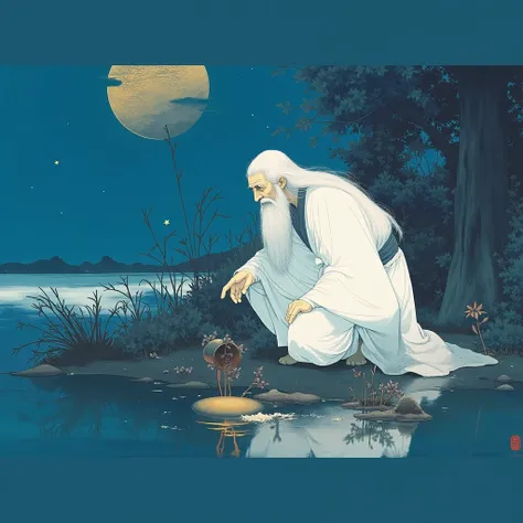  Dark blue night ， sky Cloudy star ， There is an oval moon ， Lake water in front of a man looking low ， dressed in a white robe ， Bare feet crouched on the shore ， There is a golden moon reflection on the lake water ， There is a lake of water in front of t...