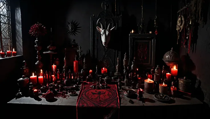Dark room of rituals, Sacrifices, Blood, saints, voodoo, goats head.