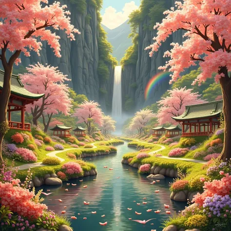 (High resolution:1.1), 最high quality, (masterpiece:1.2), Bright colors, digital painting, dense forest, water, beauty of nature, An oasis of peace, Cherry tree, blue sky,Israel- Fantastic - Painting Style Waterfall Soft painting style Brightly colored Brig...