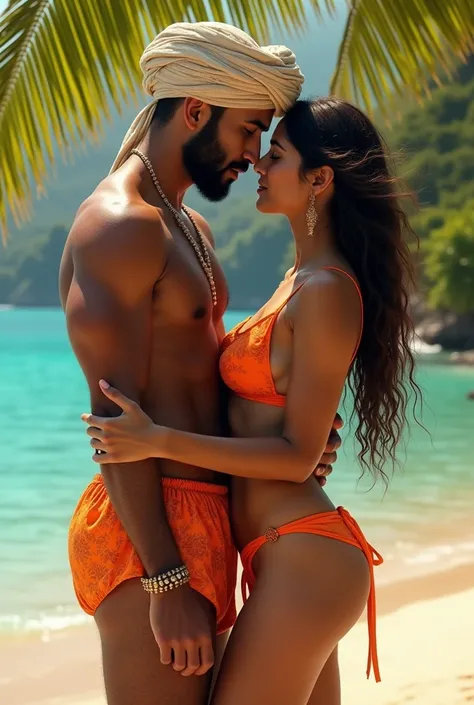 A handsome young muslim man in skull cap and tropical Orange bikini holding close a indian beautiful hindu young woman in tropical island Orange bikini trying to k distance,in tropical island,