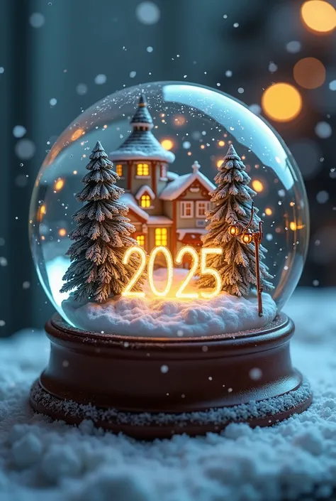 A majestic snow globe containing a miniature festive cityscape with 2025 glowing at the center, surrounded by falling snow."