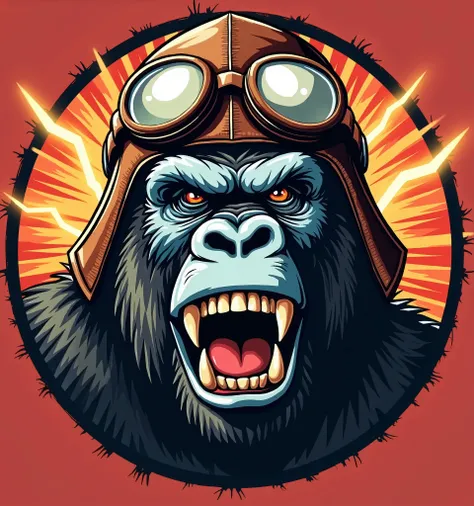  head of a gorilla wearing a leather hat of a classic motor racing driver looking at the front with a fierce expression showing his teeth, comic style, He wears big pilot goggles over his hat .  The head is inside a circle with a red background and a black...