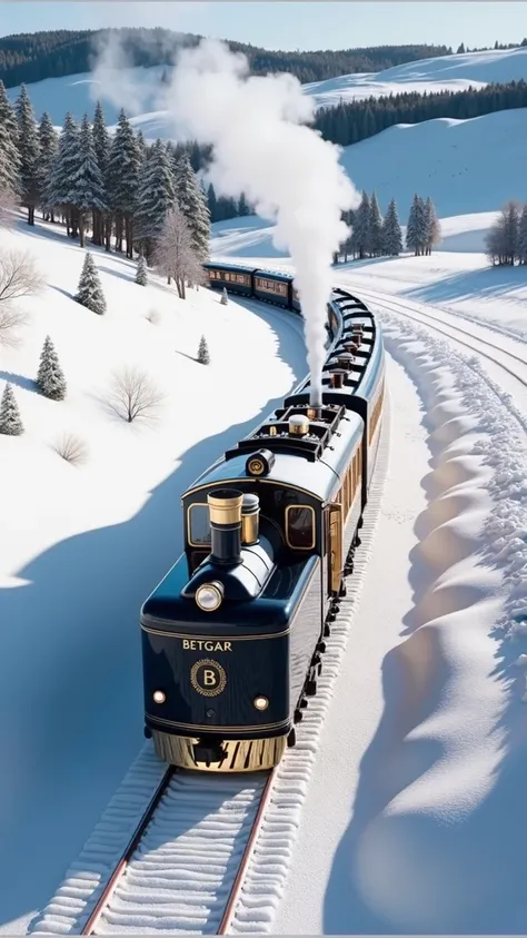 A luxurious, vintage-style dark blue train with golden accents, facing the camera as it prepares to stop at a snowy train station with a festive Christmas theme. The name Betgar is prominently displayed in golden letters on the side of the train. Soft whit...