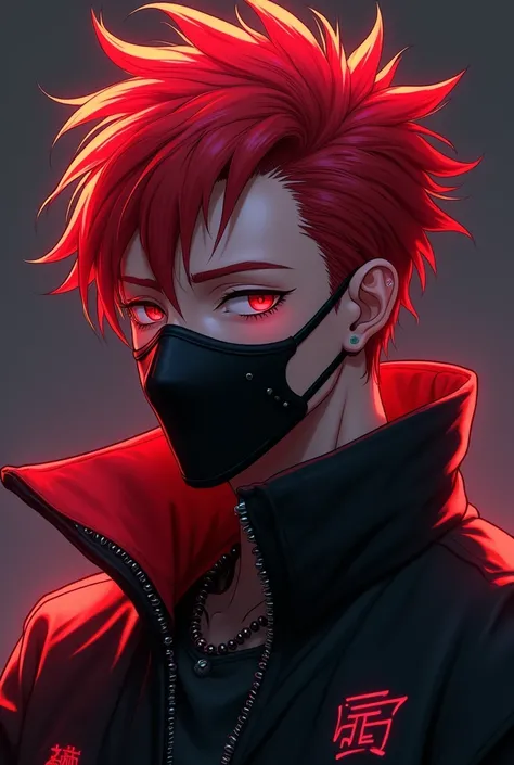 Man with red hair sukuna style, anime style,
realistic style, 
clothes cyberpunk "99% black" and "1% red is neon" , black mask, show all body, normal face,