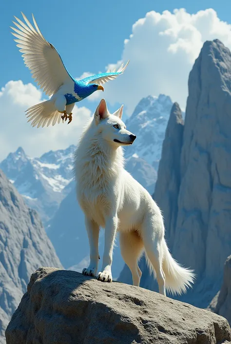 On a large mountain there are many very large rocks on top of the Rocks there is a very beautiful dog the dog is white with yellow also there is a very beautiful eagle the eagle is a white eagle with blue