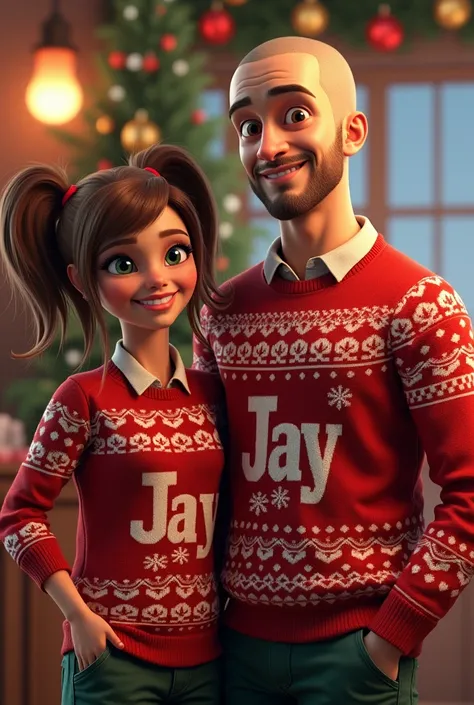 Un homme au crane raser sans barbe pull de noel avec écrit Jay,
 accompagner dune femme brune avec des couettes de chaque coter en tenue de noel avec écrit Jax 