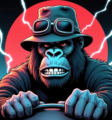  head of a gorilla wearing a leather hat of a classic motor racing driver looking at the front with a fierce expression showing his teeth, comic style, He wears big pilot goggles over his hat .  The head is inside a circle with a red background and a black...