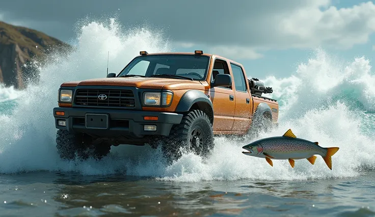 a pickup truck, the trout itself, the waves, the spray.