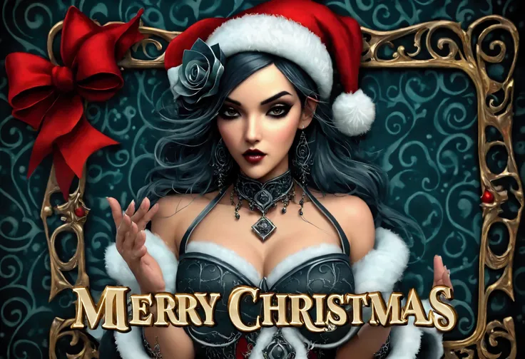 A female character with dark hair, wearing a Santa Claus hat and a gothic-inspired outfit. She holds a sign that reads Merry Christmas in golden letters with a decorative border. The background is a dark, swirling pattern, possibly representing a magical o...