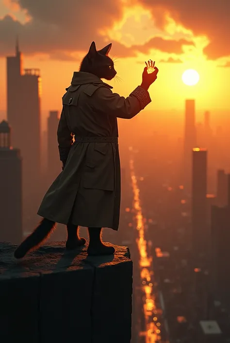 The final scene unfolds at the break of dawn atop a towering skyscraper. The anthropomorphic cat stands on the edge, its silhouette backlit by the first rays of sunlight piercing the retreating storm clouds. The glowing artifact is held aloft in one paw, i...