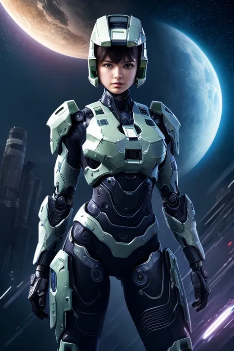 masterpiece, top quality, best quality, official art, beautiful and aesthetic,1girl,complex robot,halo,upper thighs shot,fractal art,absurdres,highres,ultra detailed,Ultra-precise depiction,solo,floating hair,shiny skin,looking at viewer,