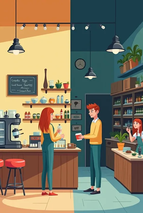 make it look very simple, not much depth and all as if it were just simple cartoons. Right side: inside an aesthetic clean minimalist vintage coffee shop. Other side: inside a store that is the opposite of right side, no aesthetic, a dirty and messy make i...