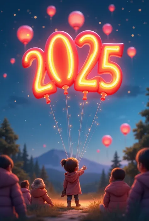 A family-friendly scene with ren releasing glowing balloons into the night sky, each balloon displaying 2025 in 3D."