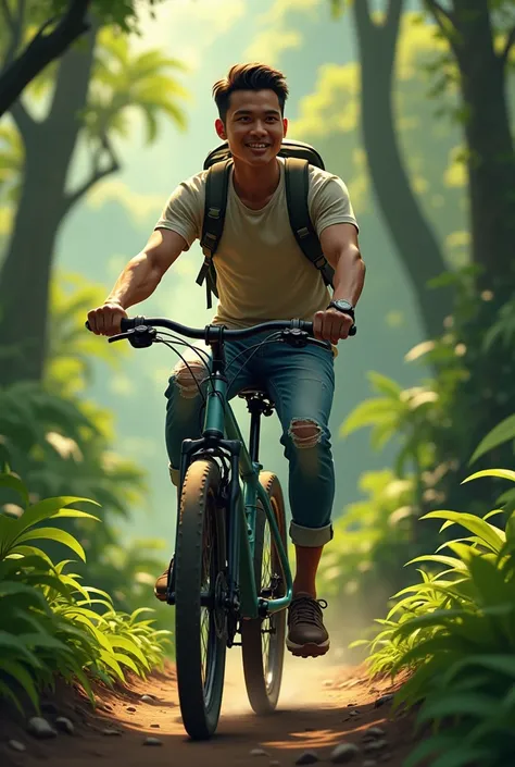  A handsome looking Indonesian skinny man . wearing a T-shirt shirt, jeans torn to the knees sports shoes. carrying a backpack wearing a watch .The man was cycling . bike ride . on a path in the Amazon forest .