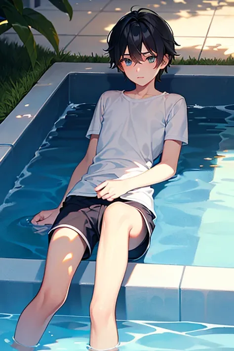 teenage boy wearing plain gray tunic and shorts, on the poolside, (beautiful detail eyes), (soft+cute), ((best quality)), ((masterpiece))