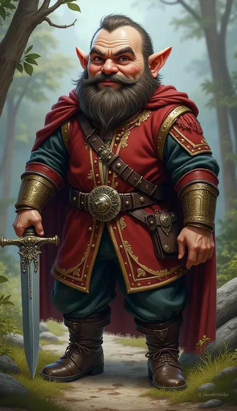 "Bashful reimagined as a charming and strong dwarf with short stature. He wears elegant, refined attire and carries a dagger with a sophisticated design, exuding a mix of charm and strength." Realistic style 