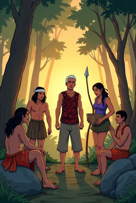 
Illustrate a ren’s book-style cartoon scene set in a forest clearing during the late afternoon. The Subanon villagers have regrouped after searching for Thimuay Ilig, looking tired and frustrated. The mood is tense as they share their findings—or lack the...