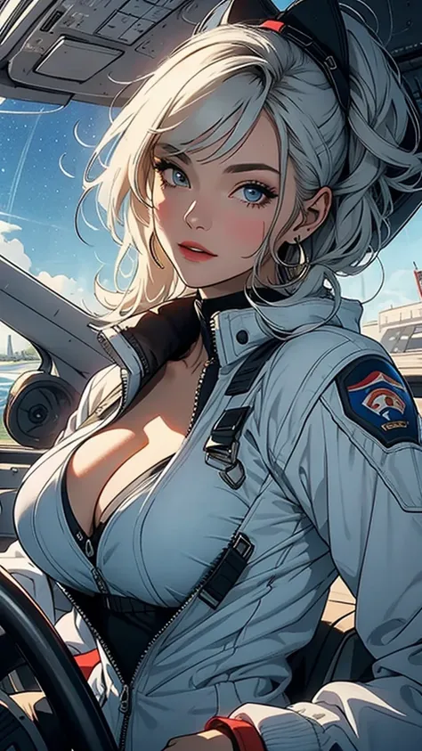 ( best quality),( greatest masterpiece),((( 1 woman:1.2))),(((Alone:1.2))),((( Highly Detailed Faces ))),((( background peeking out of the cockpit is a group of machines that are absolutely too complicated))),(((((Cleavage))))), astronauts spacesuit,colorf...