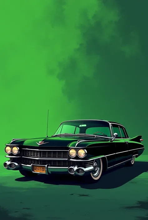 Magnifique! Petite Cadillac de couloir noir de profil avec en arrière-plan un fond vert dans un style graphique. Bande dessinée française 2D. Écoute client doit être extrêmement détaillé, les couleurs, harmonieuses et légèrement foncées