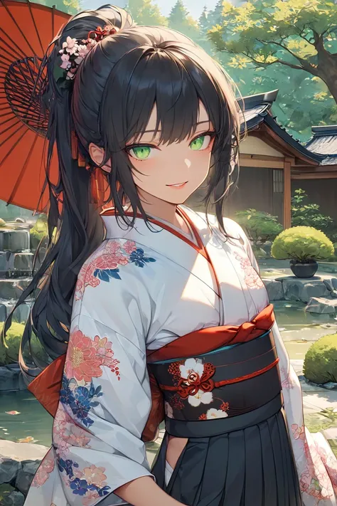 full body,

slender, slim, 

looking at viewer, 

1girl, Alone, 

black hair, ponytail, green eyes, dark skin, flat chest, 



kimono, hakama, floral clothes, 

japanese style garden,　Caring,　pine,

seductive smile, evil smile, smile, slightly closed eyes,...