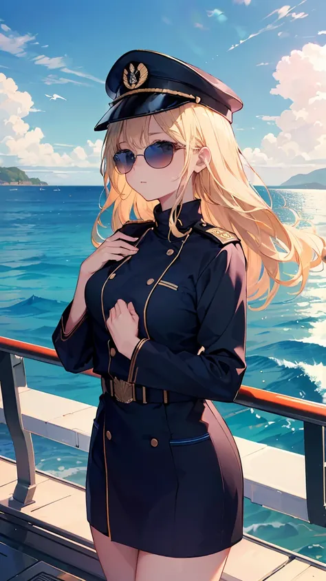 (((Best quality, 8k, Masterpiece: 1.3)), ((best quality)), ((masterpiece)), (detailed), perfect face, perfect body, (detailed skin:1.3), (intricate details), A confident female navy officer standing on the deck of an aircraft carrier, gazing out at the ope...