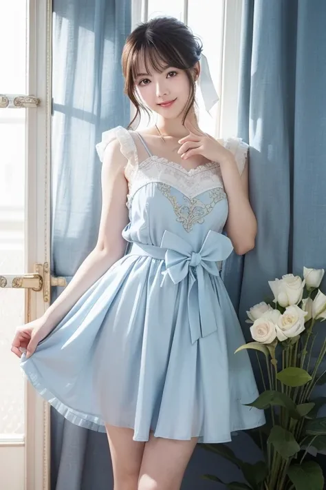  Japanese model in light blue dress is posing、 fantasy dress, Light blue dress ,  romantic dress,  elegant dress,  cute dress , Pale blue, rococo ruffle dress, Pastel Blue,   Stylish Dress ,  elegant dress, A Japanese model wearing a feminine girly dress 、...