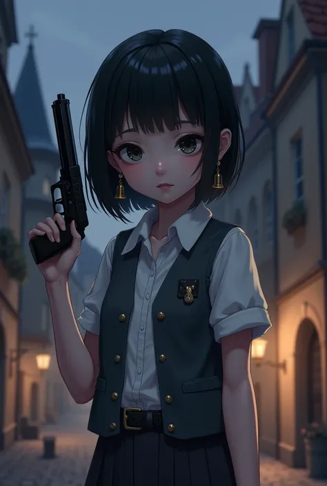 short cute girl age s, shoulder lenght black hair, round dark navy eyes, innocent gaze, flat expression, short white shirt with gray vest, long earrings with two small bells at the ends, a small knife hanging from her waist, an automatic pistol in her left...