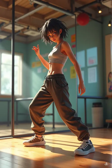 Create an image of a teen girl practicing her hip hop dance with her boyish outfit in a studio with a big mirror 