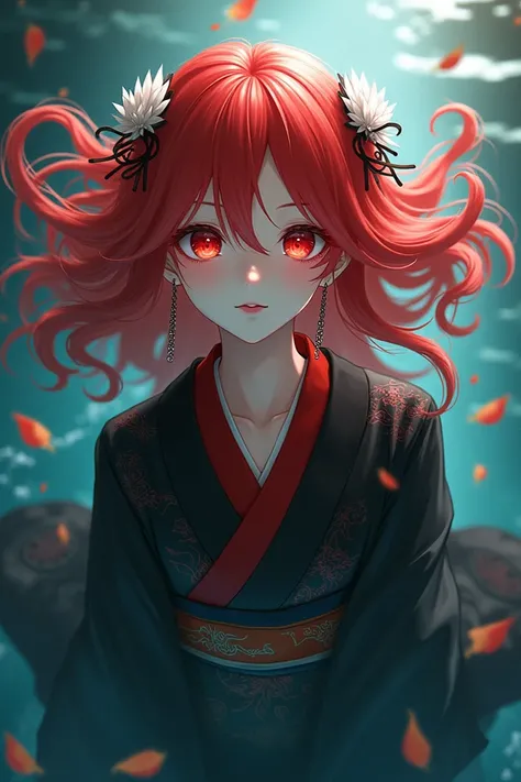  A girl with red hair up and down white,  with white tufts , Ojos rojos,  kinship to Tanjiro and Tokito ,  with earrings in the form of chains ,  wearing a black and red Kimono , floating in the water 