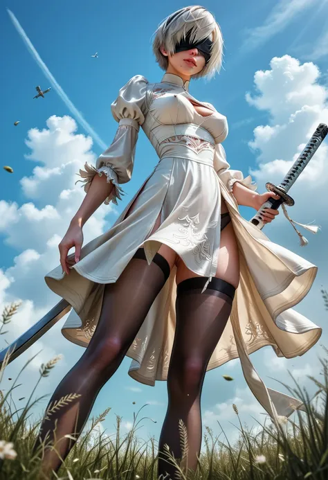 1woman, (2B), (Nier Automata: 2B), embarrassed look, blushing, (detailed face), beautiful lips, white hair in a bob style, blindfold over eyes, pale skin, (fitted 3/4 cropped black tomboy style dress:1.27), (high side slit in dress), (panties showing under...