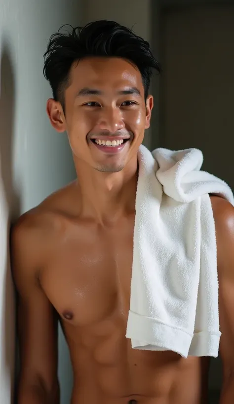 arafed man with a towel on his shoulders,wet body,hairy cheat,looking at viewer and smiling,posing for a picture, handsome chad chin, asian male, ross tan, 2 , 3 , 35 years old, 2 , 38 years old, damien tran, 3 , 3 , 2 , thawan duchanee