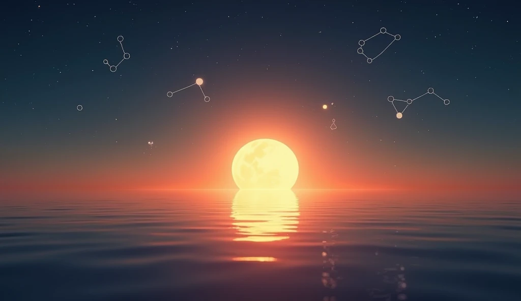 Paragraph 4: Create ultra-realistic image in 16 :9 of a horizon with the Sun and Moon coexisting ,  while constellations glow softly in the sky ,  symbolizing the transformative power of well-used time.