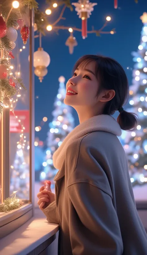 Ultra high resolution, ultra high quality. A stunning 22-year-old Japanese woman with a youthful and kawaii charm, standing in front of a dreamy, beautifully illuminated Christmas show window. The show window is adorned with spectacular Christmas decoratio...