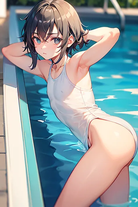 teenage boy wearing plain gray tunic and thong, on the poolside, (beautiful detail eyes), (soft+cute), ((best quality)), ((masterpiece))