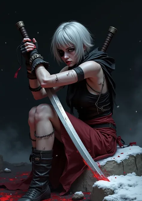  snow is falling 、((Tattered and dirty black clothes 、Arms full of bandages 、 Armband worn only by selected swordsmen 、 Short-haired, gray-haired female swordsman who sits on a rocky area, sticks her sword into the ground, and hangs down her neck、Black eye...