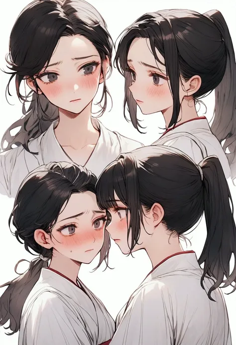 Black hair color /black eye/ ponytail/Pepe Han Beauty /163cm/ looks very tired/Dark circles/white skirt/ ashamed/embarrassment/No decoration/avoid eye contact/Face blushing