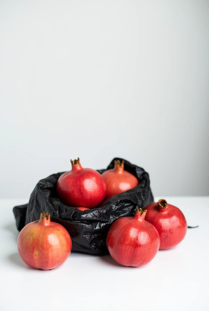 4 to 5 pomegranate kept in a black polythene on a white table
