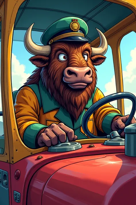 Friendly bison in comic book style as a train driver