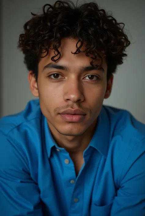 a young man with curly hair, wearing a blue shirt, detailed face, hyperrealistic, cinematic lighting, dramatic shadows, intricate fabric details, highly detailed portrait, photorealistic, 8k, best quality