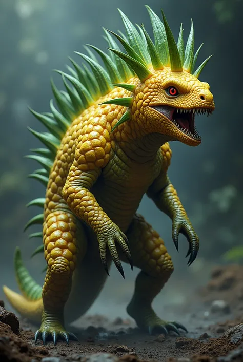 Here’s a detailed prompt for your hybrid animal:

Prompt:
"Create a terrifying hybrid creature combining the small, agile body of a Heterodontosaurus with the spiky, armored exterior of a pangolin and the vibrant, sharp-edged features of a pineapple. The c...