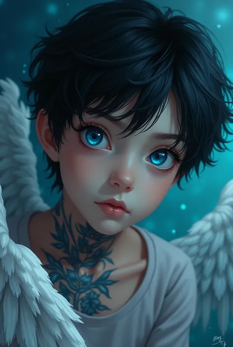 Imaren of a boy with blue eyes like the ocean ,  with black hair and tattoos on his neck with angel wings 