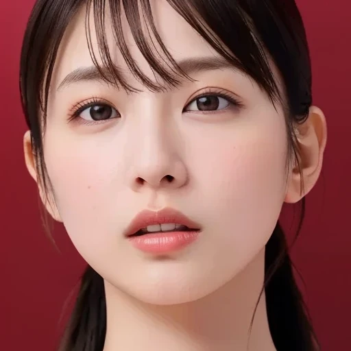 (masterpiece, best quality, perfect anatomy, highres, 8k, realistic, photorealistic, natural skin texture:1.2), 1girl, solo, Japanese, age20, erogao, parted lips, pout lips, face closeup, from front, nude, spot lighting, red background