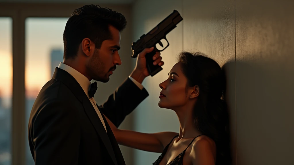 A hyper-realistic, cinematic side profile image featuring a 25-year-old confident and sharp-looking Indian man, dressed in a sleek black tuxedo with sleeves slightly folded. He holds a gun in his left hand, which is positioned above the head of a 20-year-o...