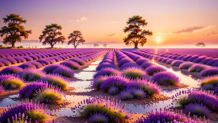 A Masterpiece In 32K Resolution, Supreme Quality, Super Detail, Official Art, Very High-Resolution 32K Wallpaper, Beautiful And Aesthetic, Ultra-Detailed Features, Awe-Inspiring Detail. A Dreamlike 32K Scene Of Endless Lavender Fields Stretching To The Hor...