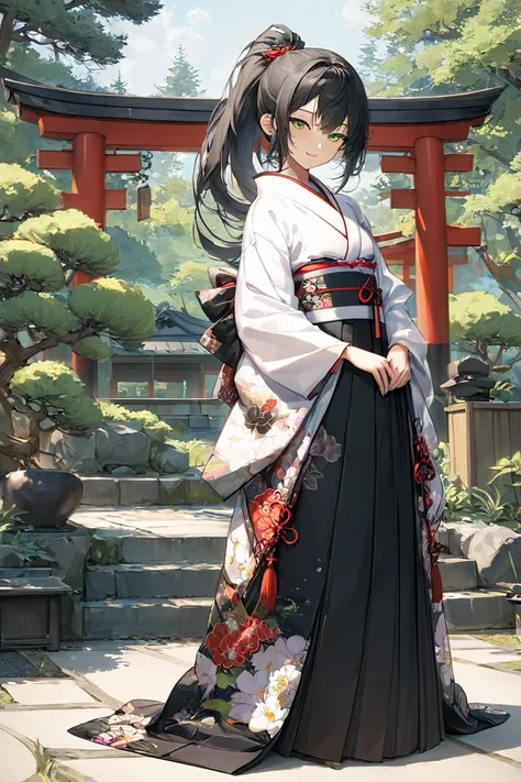 full body,

slender, slim, 

looking at viewer, 

1girl, Alone, 

black hair, ponytail, green eyes, dark skin, flat chest, 

standing,

kimono, hakama, floral clothes, 

japanese style garden,　Caring,　pine,

seductive smile, evil smile, smile, slightly clo...