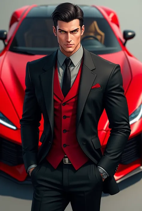 A man with short hair , The hair is black ,  have yellow eyes ,  He has a strong body , He doesn&#39;t have a beard,  wearing a black three-piece suit with a red vest, She is in front of a red Lykan hypersport , Realistic Art